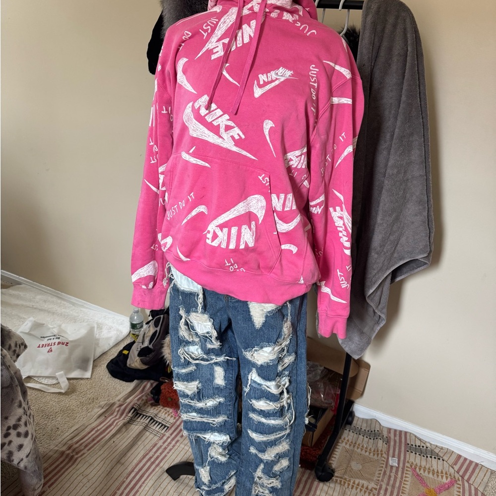 Nike Pink and White Logo Hoodie